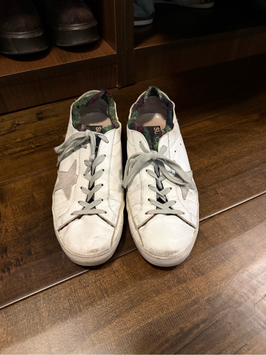 Golden Goose White Sneakers With Green Flannel Lining & Signature Star